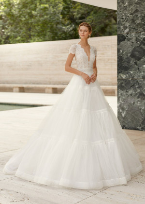 Cap Sleeves Ivory Lace Polka Dots Tulle Stylish Wedding Dress